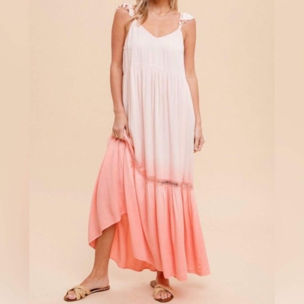 🟠NWT HEM & THREAD Dip Dyed Ruffled Maxi Dress in Peach/White SMALL